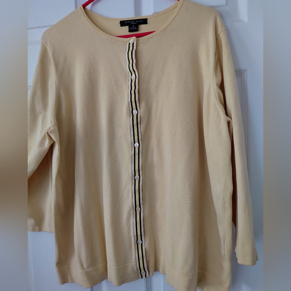 Vintage August Silk Light Yellow Cardigan with Stripe Detail